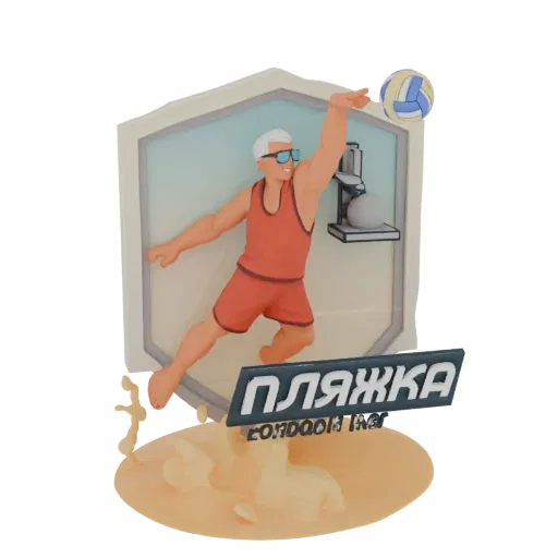 3D model of a male beach volleyball player in a red tank top and shorts, mid-air spiking a volleyball, with a sandy base and