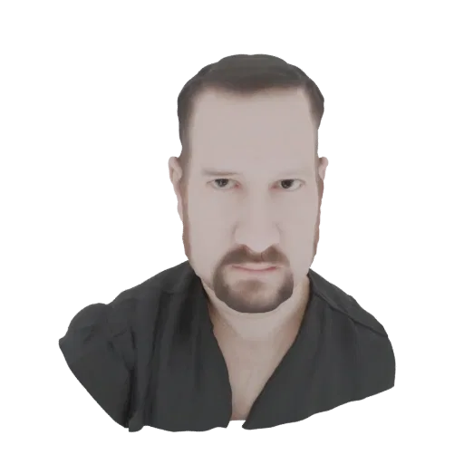 Renderização de modelo 3D de homem com expressão séria, cavanhaque e camisa preta, de frente.