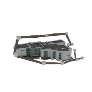 Modello 3D di un edificio scolastico moderno con facciate bianche e verdi e un sistema di tubazioni esterne visibile.