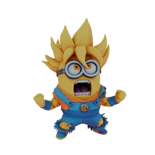 3D model of a Minion character with Goku's Super Saiyan hairstyle and orange gi, in an action pose.