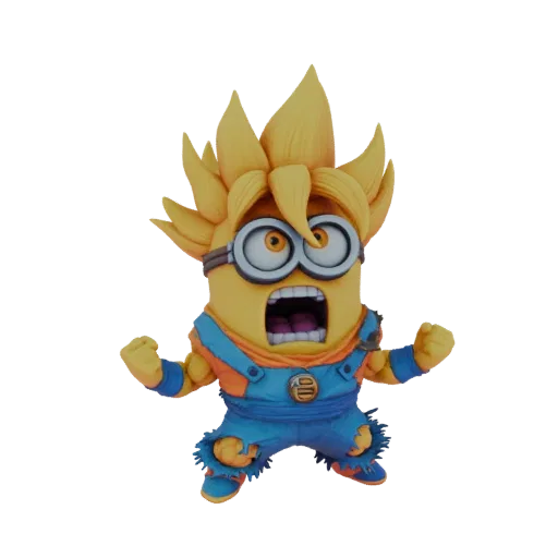 3D model of a Minion character with Goku's Super Saiyan hairstyle and orange gi, in an action pose.