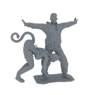 3D model of a devil girl in a low pose next to a soldier with arms outstretched, against a white background.