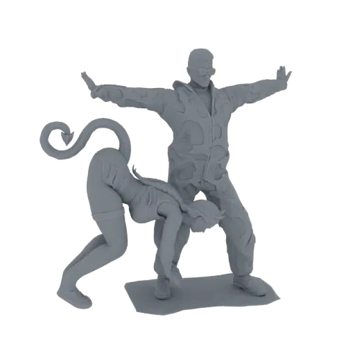3D-Modell eines Teufelsmädchens in tiefer Pose neben einem Soldaten mit ausgestreckten Armen, vor weißem Hintergrund.
