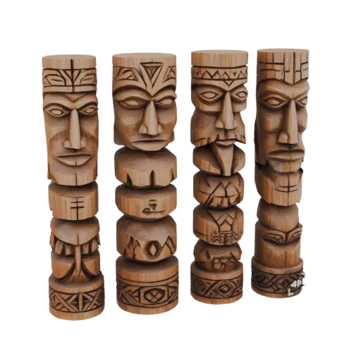 A 3D render of four wooden tiki totem statues with unique faces and carved patterns.