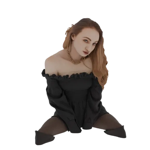 Modello 3D di donna elegante con capelli castano ramato, in abito nero off-the-shoulder, inginocchiata con grazia.