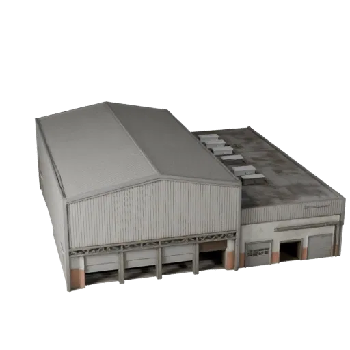 Modello 3D realistico di Edificio Birrificio, vista esterna a tre quarti, che mostra materiali di edifici industriali e detta
