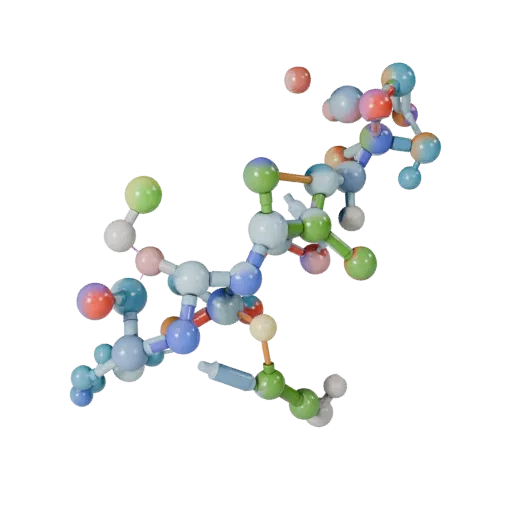 Classroom Protein Chain Stylized 3D model, stylized isometric render, showing colored spheres, molecule layout.