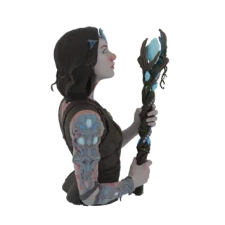 3D model of a fantasy sorceress bust with dark hair, wearing a tiara, and holding a crystal staff.