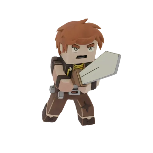 3D model of a claymation-style warrior with brown hair, wearing brown armor and holding a silver sword, posed dynamically.