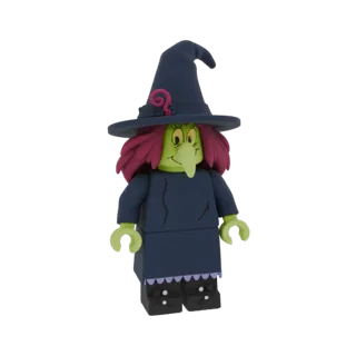 A 3D render of a cartoon witch figurine in a Lego-like style, featuring a green face, purple hair, and a dark blue witch hat.