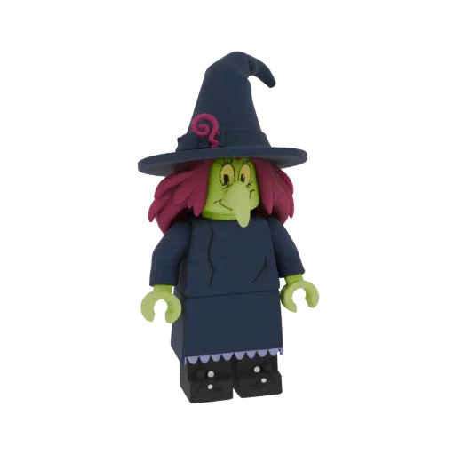 A 3D render of a cartoon witch figurine in a Lego-like style, featuring a green face, purple hair, and a dark blue witch hat.