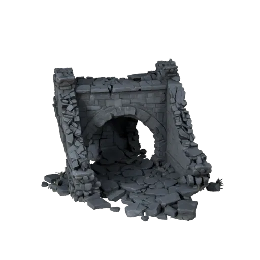 Broken Bridge Ruin Unity 3D model, isometric viewport view, showing aged stone, rock faces.