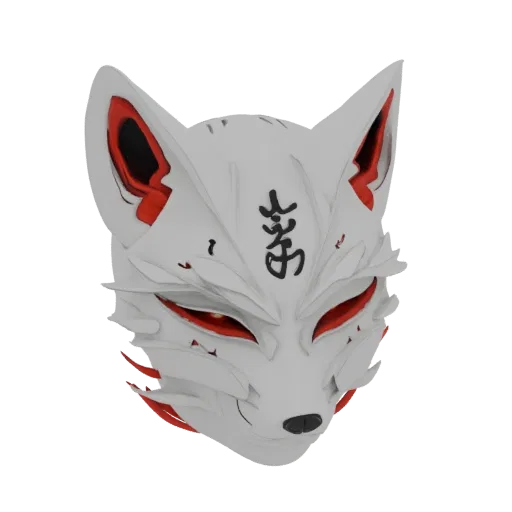 A 3D model of a white fox mask with sharp red accents around the eyes and ears, and black Japanese script on the forehead.