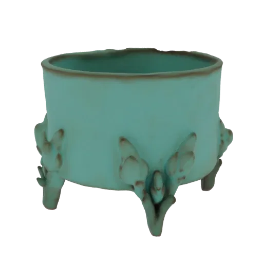 A 3D render of a teal ceramic planter with three decorative legs and floral accents, set against a black background.