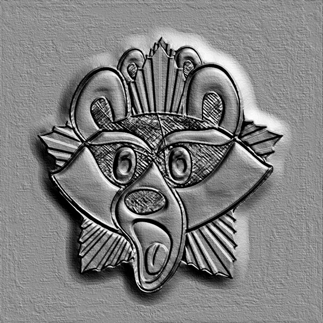 3D model of Art Deco Diogenes Medal bas-relief, depicting a stylized animal face with expressive eyes and an open mouth, on a
