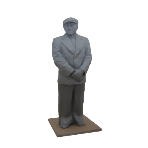 3D model of a man wearing a gray suit and flat cap, standing with hands clasped on a light brown base.