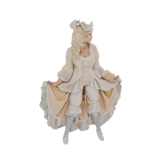 Modelo 3D de uma mulher aristocrata do século XVIII usando um vestido creme com mangas bufantes e peruca empoada, posando gra