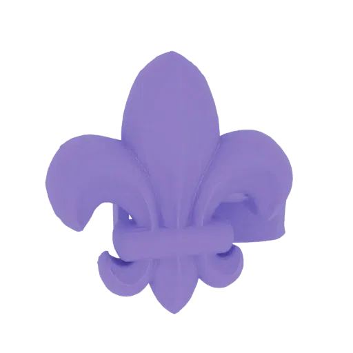 Una representación 3D de una flor de lis morada diseñada como anillo, aislada sobre un fondo blanco.