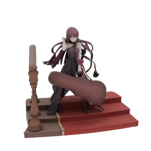 3D model of an anime girl in a dark purple dress holding a violin case, standing on red carpet stairs with a railing.