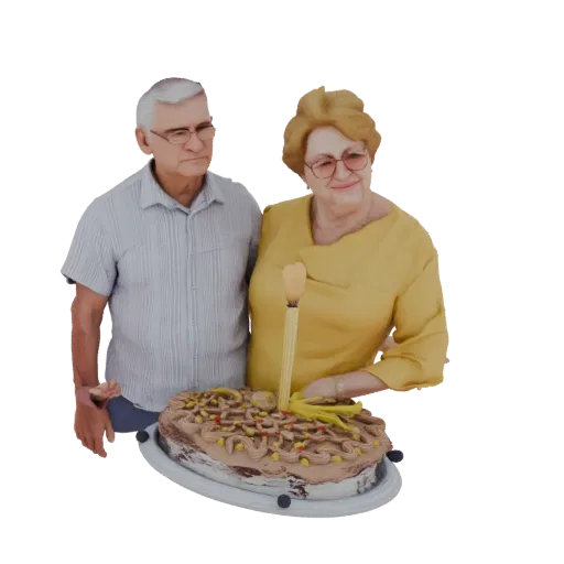 3D model of an elderly couple, a man and a woman, smiling and standing next to a decorated birthday cake with a lit candle.