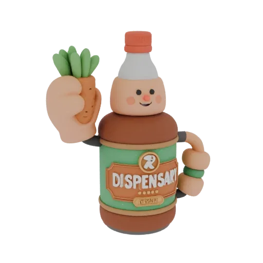 3D-Modell lustiger Getränkespender als Flasche mit Gesicht, die eine Karotte hält, im Cartoon-Stil.