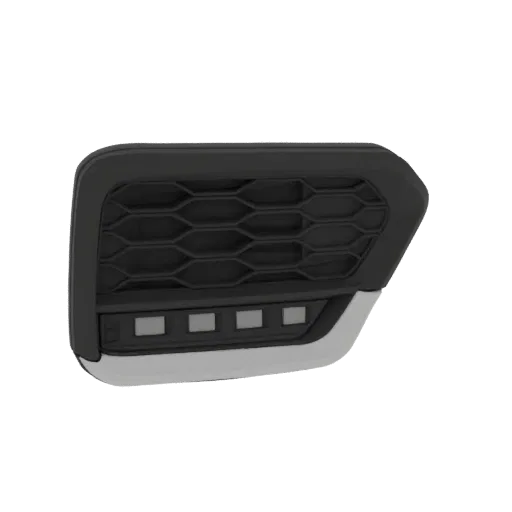 3D model of a car's front bumper grille with a black honeycomb pattern and silver trim, featuring subtle LED accent lights.