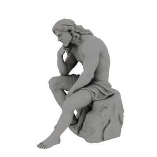 3D model of 'The Thinker' statue, a muscular man sitting on a rock, chin on hand, in deep thought, rendered in grey.
