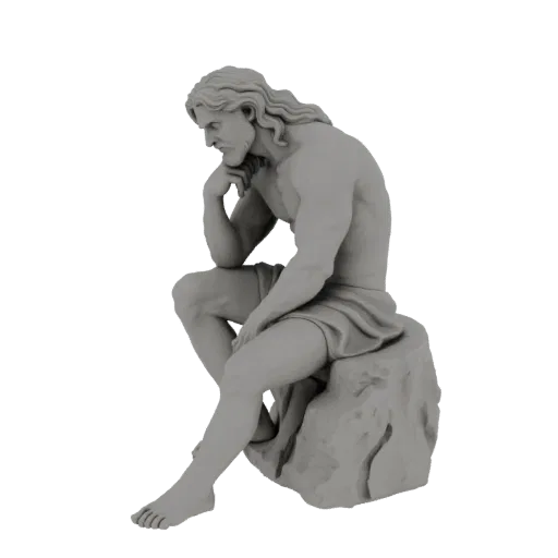 3D-Modell der 'Der Denker'-Statue, ein muskulöser Mann sitzt auf einem Felsen, Kinn auf der Hand, in tiefem Nachdenken, in Gr