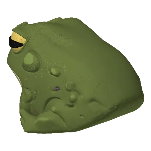 A 3D render of a green toad with yellow eyes, presented against a black background.