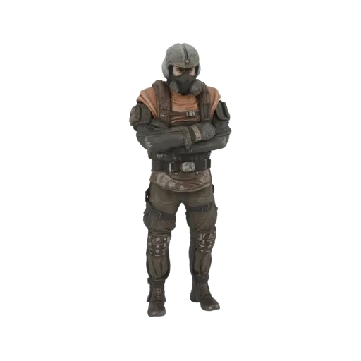 3D model of a post-apocalyptic soldier with helmet and gas mask, arms crossed.