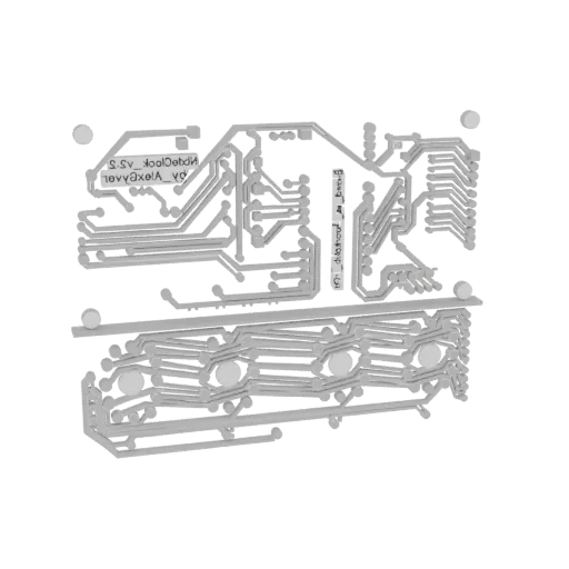 3D model of a printed circuit board with visible traces and engraved text labels.