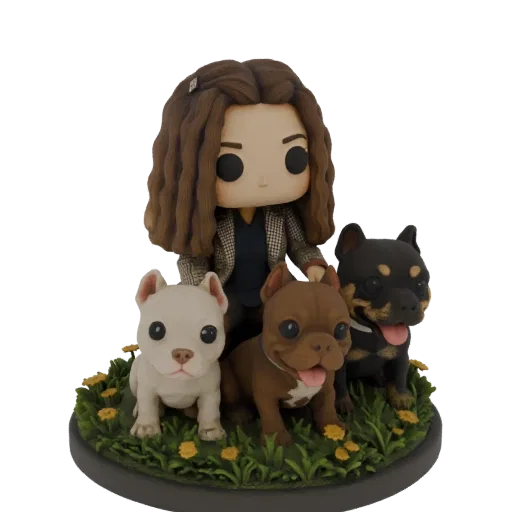 3D model of a Funko Pop style woman with three dogs (white pit bull, brown French bulldog, black and tan mix) on a grassy dio