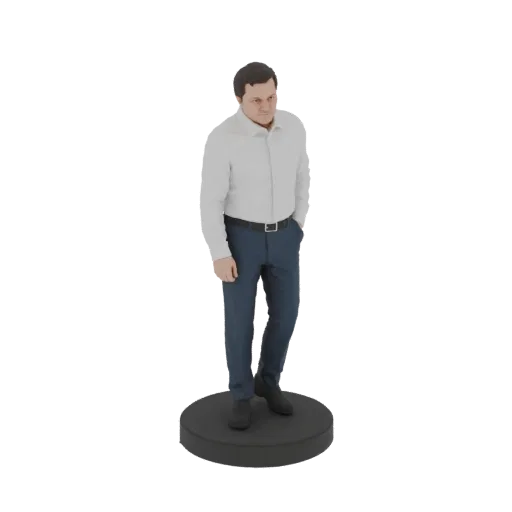 3D model of a man wearing a white collared shirt and blue pants, standing on a black circular base.