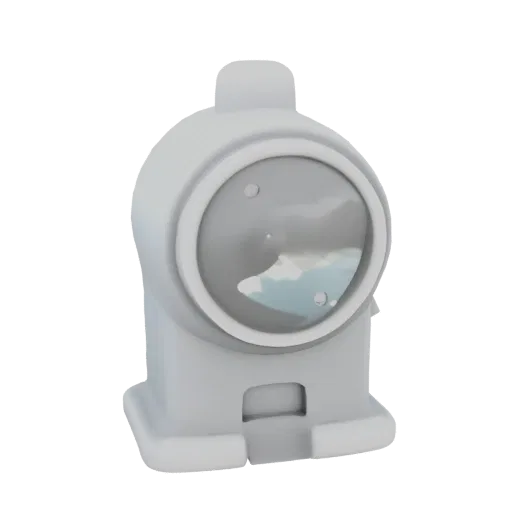 A 3D render of a white, retro-futuristic weather station with a clear glass dome showing clouds inside, set against a white b