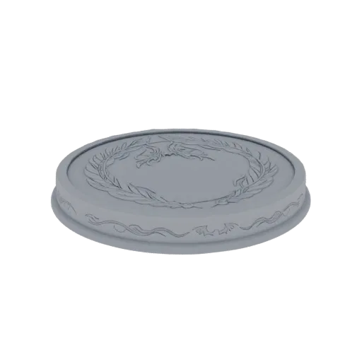 3D model render of a circular coin with a central dragon motif and laurel wreath design, on a white background.