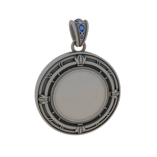 Ornate Medallion render detail 3D model, isometric studio render, highlighting pendant form and finish detail.