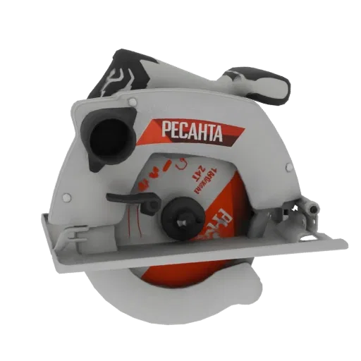 3D model of a white and red RESANTA circular saw with a visible blade, set against a black background.