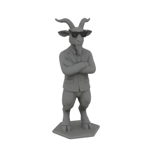 3D model of a gray goat wearing sunglasses and a suit, standing with arms crossed on a hexagonal base.