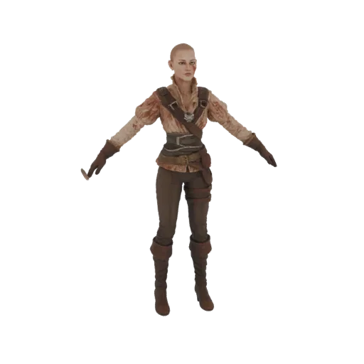 3D model of Ciri, the Witcher's ward, in a warrior outfit with a bald head and scar, arms outstretched.