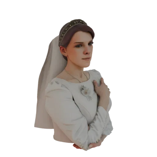 Modello 3D di una sposa vittoriana con abito bianco, velo e tiara, con la mano sul petto.
