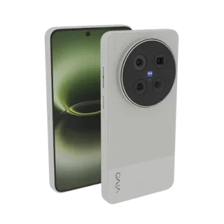3D model of the Vivo X100 Pro smartphone, viewed from the side, showcasing its camera array and display.
