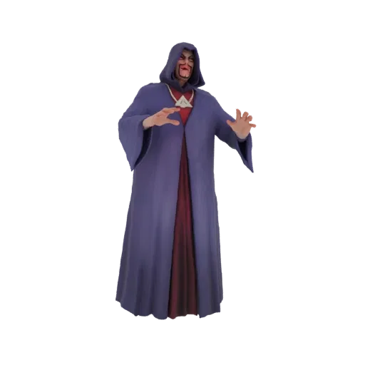 3D model of a mysterious sorcerer wearing a purple hooded robe and a triangular amulet, with hands outstretched.