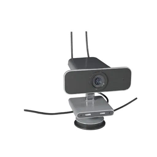 Ergonomic Webcam 3D model, three-quarter front view, AR viewer studio render, showing plastic shells, desktop scale.