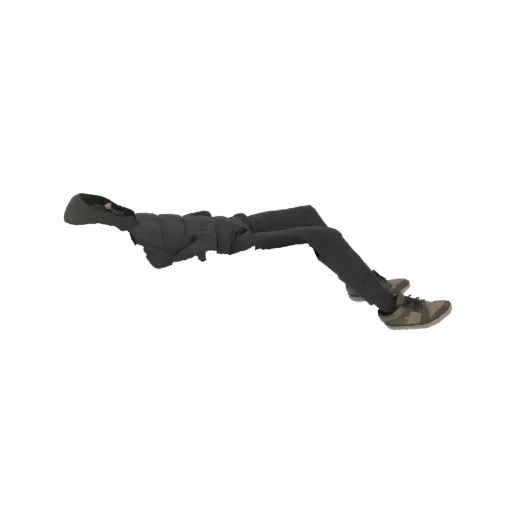 3D model of a person lying down, wearing a black hooded sweatshirt and sneakers, against a black background.