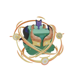 A 3D render of a cute, green chibi dragon with orange and yellow horns and a swirling orange and yellow fiery aura.