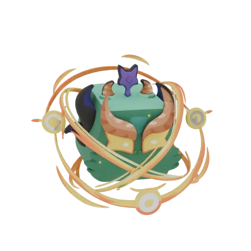 A 3D render of a cute, green chibi dragon with orange and yellow horns and a swirling orange and yellow fiery aura.