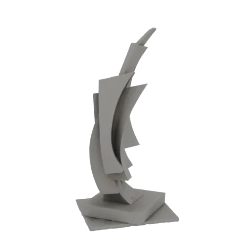 A 3D render of a gray abstract sculpture with interlocking geometric planes and a square base, set against a white background