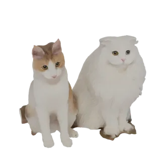 A 3D render of two cats sitting side-by-side: a calico cat and a fluffy white cat with blue and yellow eyes.