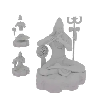 3D-Modell von Lord Shiva, der meditiert und Flöte spielt, mit Om-Symbol und Trishula.