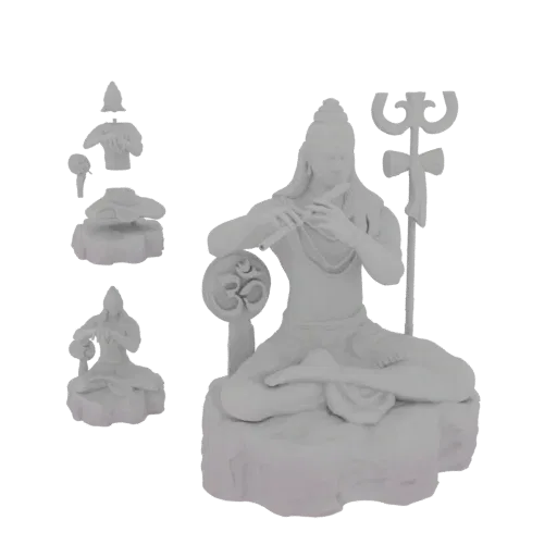 3D model of Lord Shiva meditating and playing a flute, with an Om symbol and Trishula.